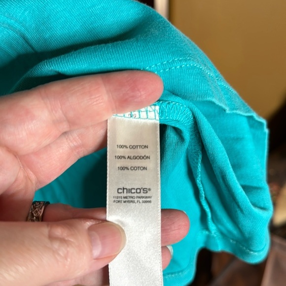Chico's Vibrant Turquoise 100% Cotton Elbow-Sleeve Perfect Tee Size Large (2) - Picture 4 of 6